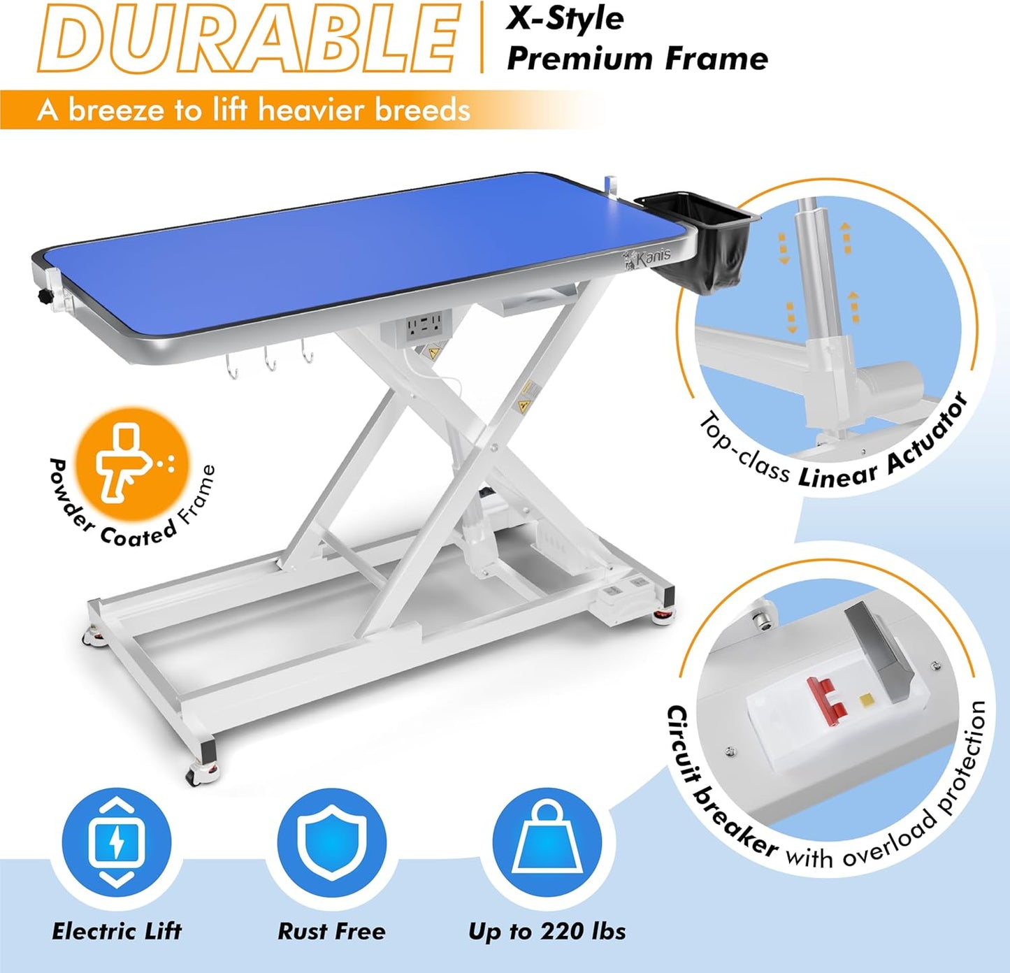 KANIS Professional Electric Dog Grooming Table - Heavy Duty, Height Adjustable Pet Grooming Table w/Leveling Wheels, Grooming Arm, Anti Slip Tabletop & Tool Organizer/Dog Grooming Station (49", WHITE)