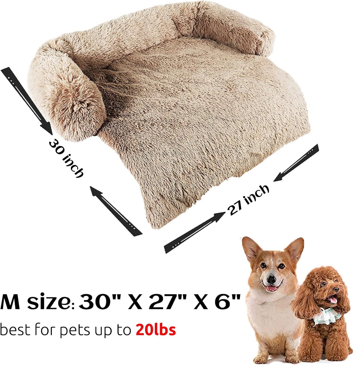 HACHIKITTY Calming Pet Sofa Bed Mat, Washable Plush Couch Cover, Furniture Protector for Dogs and Cats, Fluffy Dog Couch Bed with Anti-Slip Bottom (30"x 27"x 6", Camel)