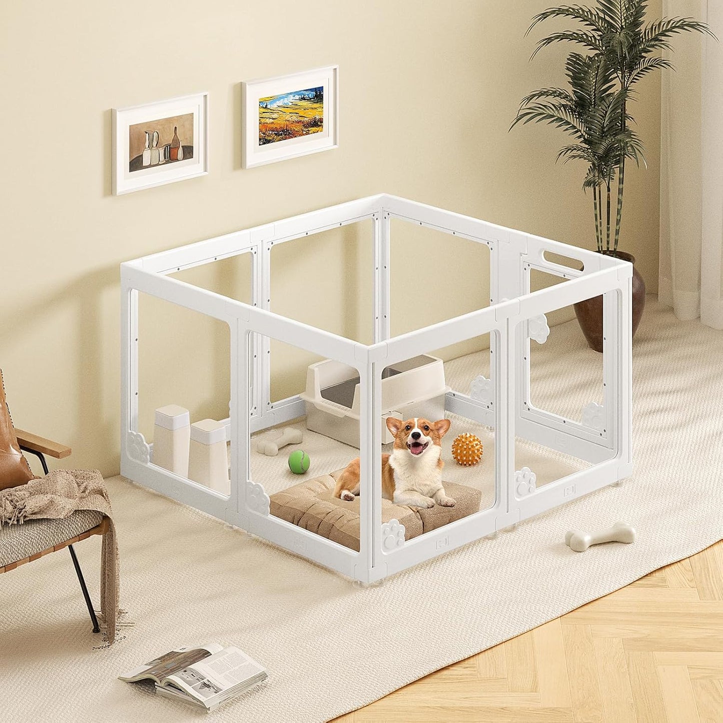 Expandable 8PCS Dog Playpen for Indoors, Modular Puppy Play Pen with Lockable Door, Chew-Proof Transparent Panels & Waterproof Base. Perfect for Small Animals, Puppy Training or Multi-Pet Homes