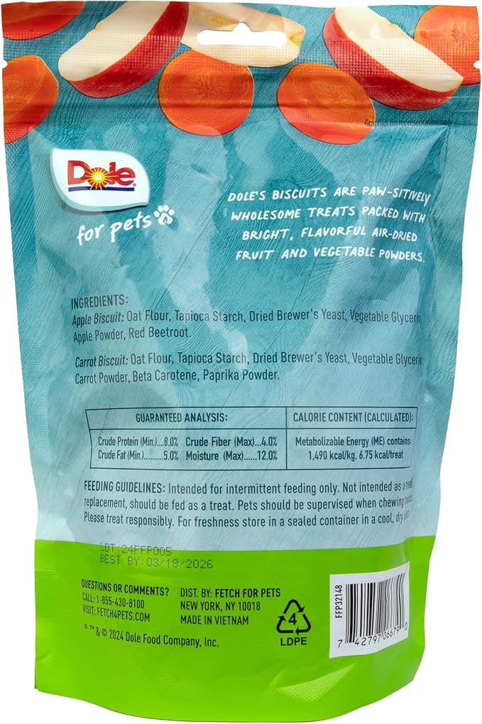 Dole for Pets Freshly Fetched Dog Biscuits, Apple & Carrot Flavor Dog Treats, 7oz | Flavored with Real Veggies, No Wheat, Corn, Soy, Artificial Flavors, Colors, Preservatives, or Animal Products