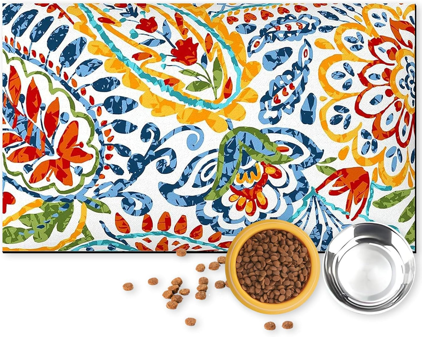 Pet Feeding Mat for Dogs and Cats - Super Absorbent Anti-Slip Bowl Pad, Eco-Friendly Washable Mat to Prevent Spills and Mess Colorful Mat 12"x20"