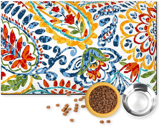 Pet Feeding Mat for Dogs and Cats - Super Absorbent Anti-Slip Bowl Pad, Eco-Friendly Washable Mat to Prevent Spills and Mess Colorful Mat 12"x20"