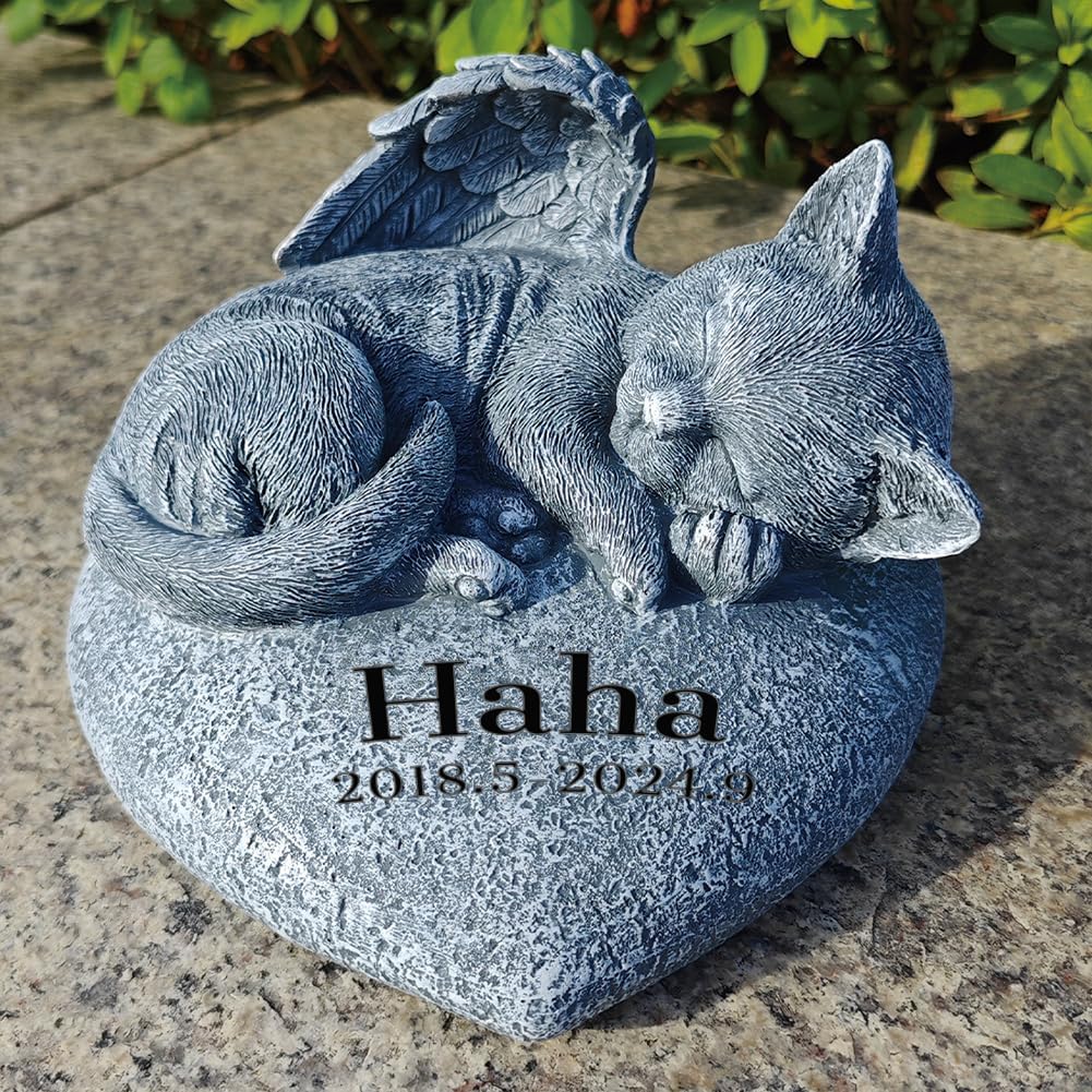 Personalized Cat Memorial Stone Cat Grave Markers Angel Cat Statue Sleeping On Heart Shape Monument Stone, Pet Cat Headstone Garden Tombstone, in Loving Memory of Cat Sympathy Gifts