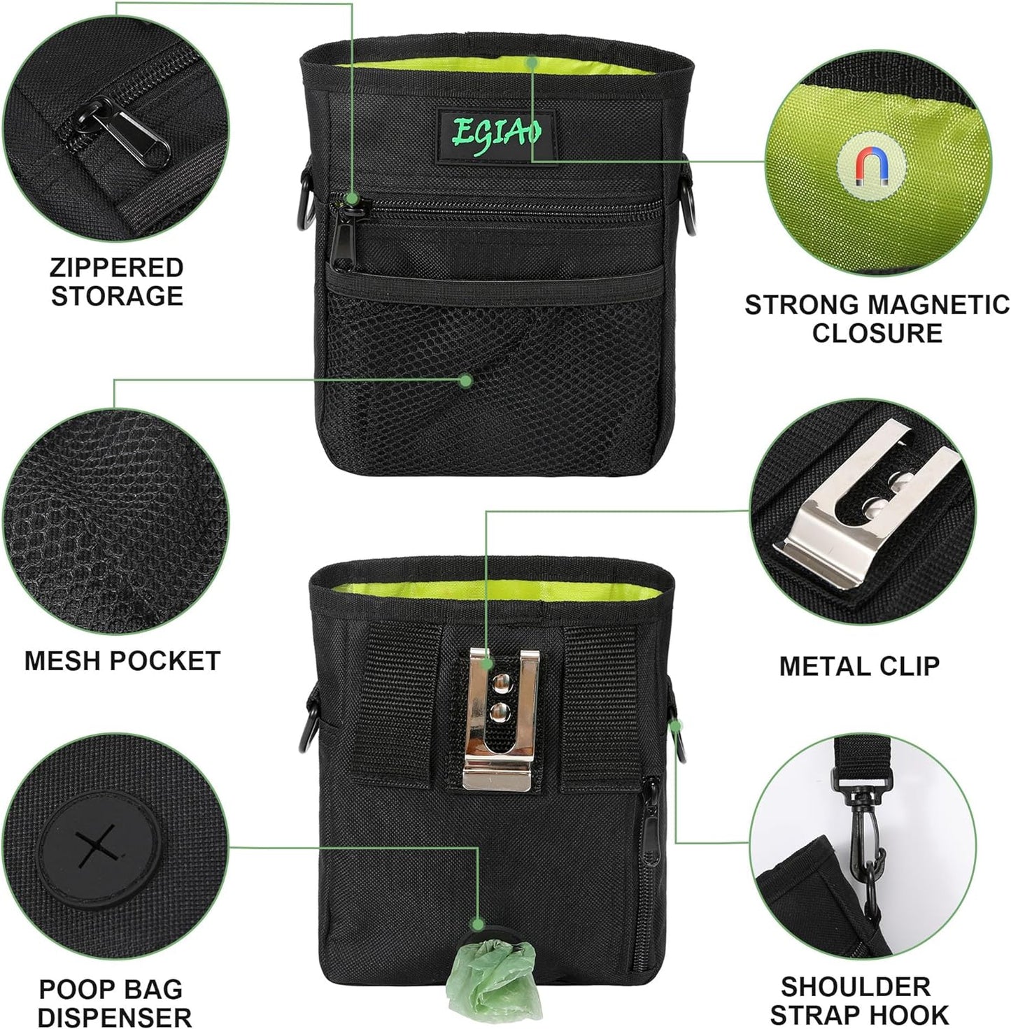 Dog Treat Pouch with Collapsible Dog Bowl, Training Clicker and Poop Bags, Treat Pouches for Pet Training, Built-in Poop Bag Dispenser, Waist Belt Clip, Puppy Treat Pouch Magnetic Closure - Black