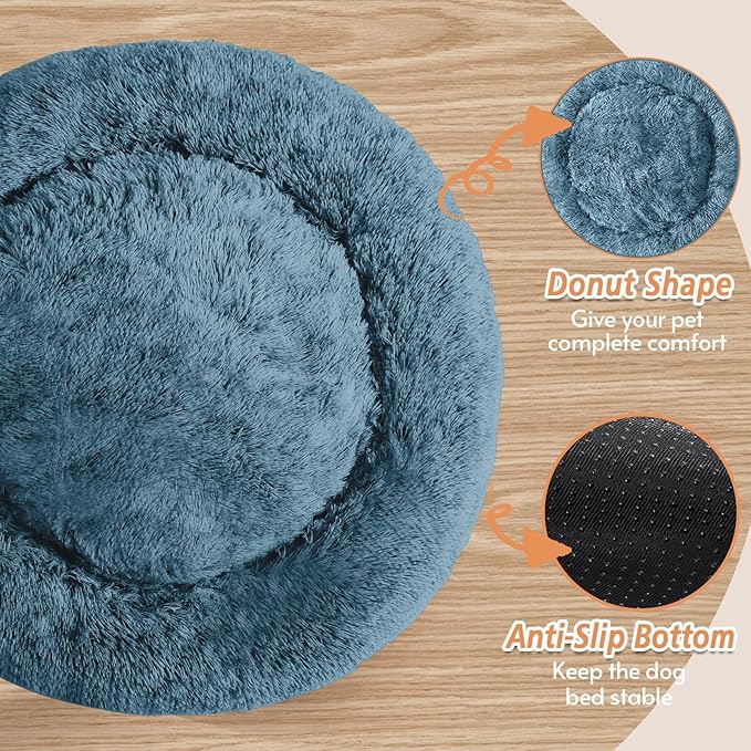 JOLLYVOGUE Calming Dog & Cat Bed for Small Dogs, Anti-Anxiety Donut Cuddler Cozy Soft Round Bed with Anti-Slip Bottom, Fluffy Faux Fur Plush Cushion Beds for Small Medium Pets (23")
