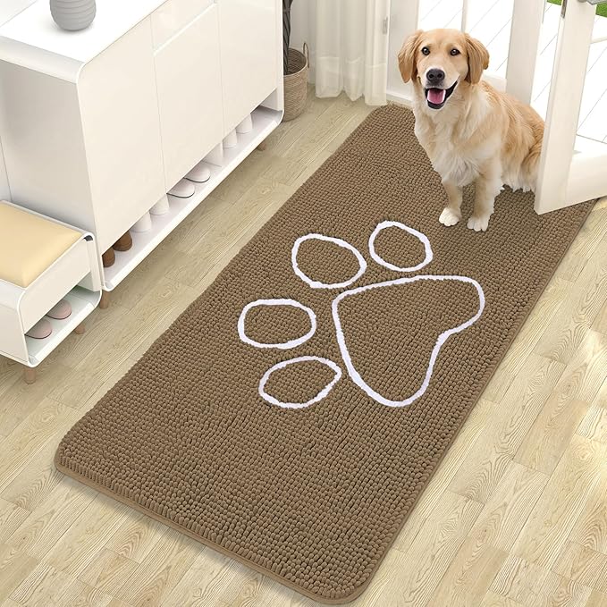 OLANLY Door Mat for Muddy Dog Paws 47x24, Ultra Absorbent Chenille Mud Doormat with Paw Print Design, Non-Slip Washable Doormat for Indoor Entryway, Quick-Dry Pet Bed Mats for Dirty Dogs, Tan
