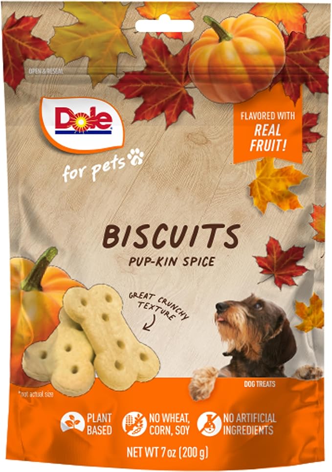 Dole for Pets Dog Biscuits, Pup-kin Spice Flavor, Flavored with Real Fruit, No Wheat, Corn, Soy, Artificial Flavors, Colors, or Preservatives, 7 Oz