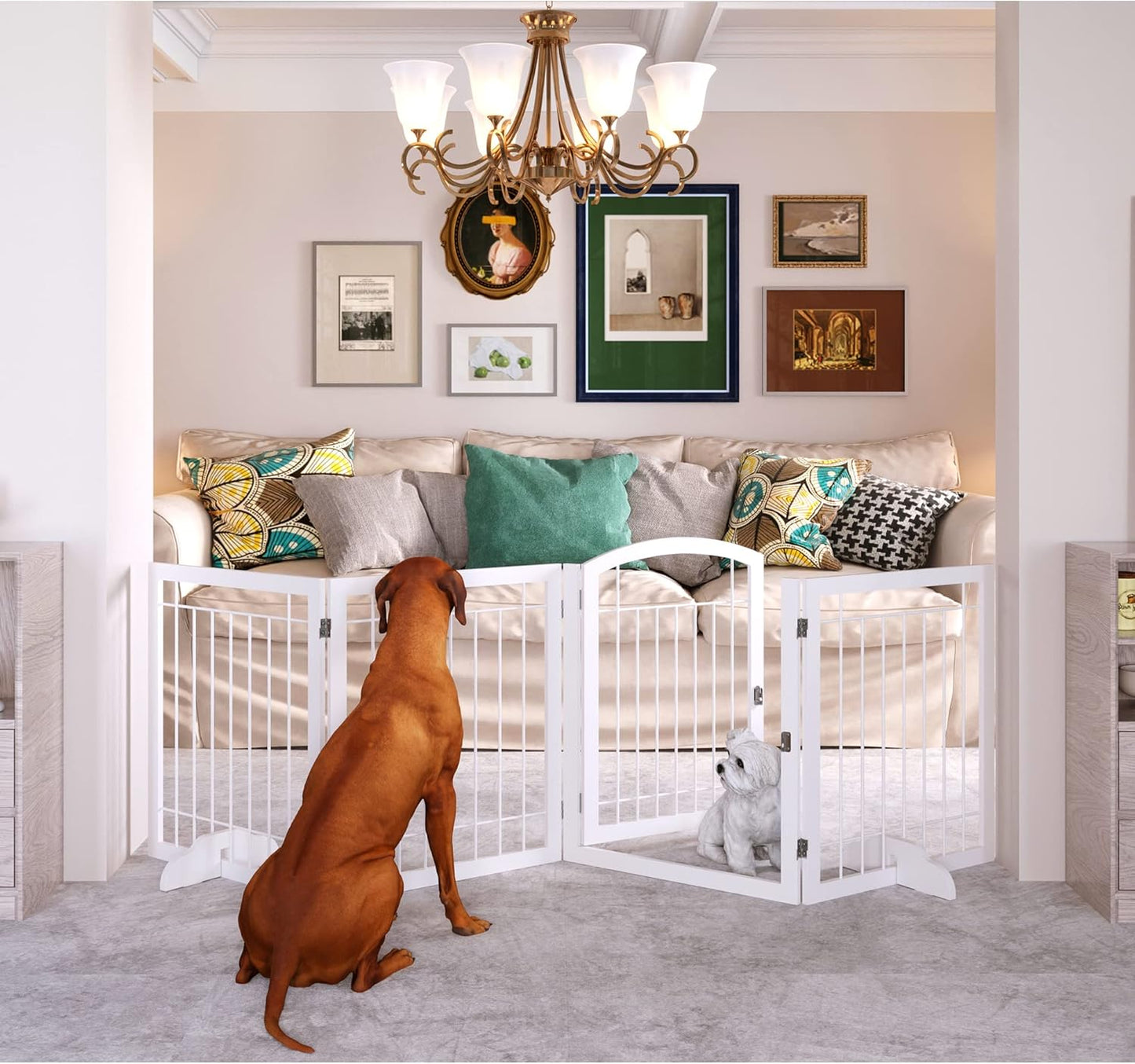 JSB 96-inch Extra Wide 30-inch Tall Dog gate with Door Walk Through, Freestanding Pet Gate for Halls, Stairs & Home, Pet Puppy Safety Dog Fence with 2PCS Support Feet (White)