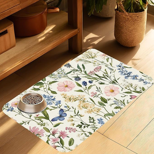 Vintage Herbs Flowers Pet Cat Dog Food Mat-Absorbent Quick Dry Feeding Placemat for Water and Food, No Stains Rubber Base Mat for Indoor Use, Pet Accessories 16"x24"