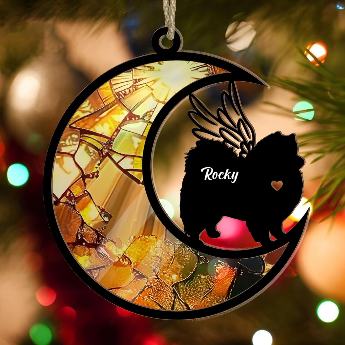 Personalized Pet Memorial Suncatcher – Angel Wing Crescent Moon Ornament with Name – Rainbow Stained Glass Effect Sun Catcher for Dog, Cat, Ferret & More – Custom Pet Loss Tribute for Window or Tree