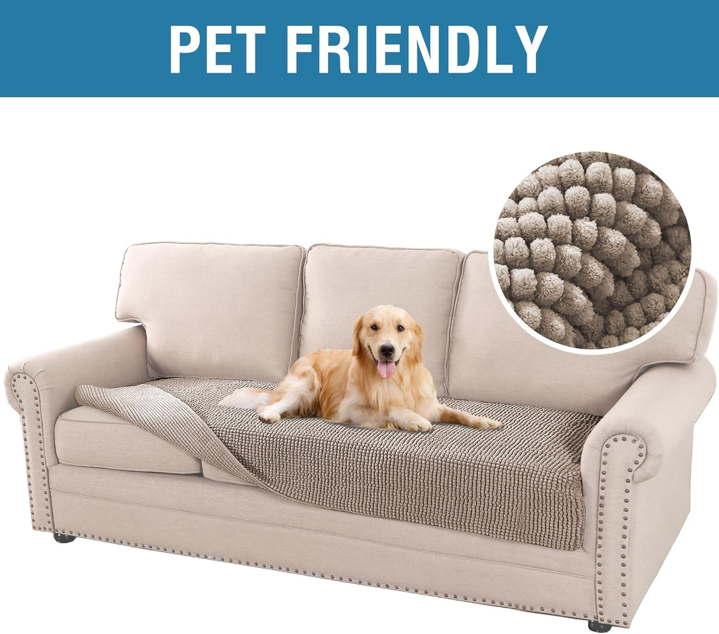 H.VERSAILTEX Plush Chenille Dog Bed Cover Thick Soft Sofa Cover for 3 Cushion Couch Anti Slip Couch Cover Furniture Protector for Dog, Pet, Cat (35" x 82", Taupe)