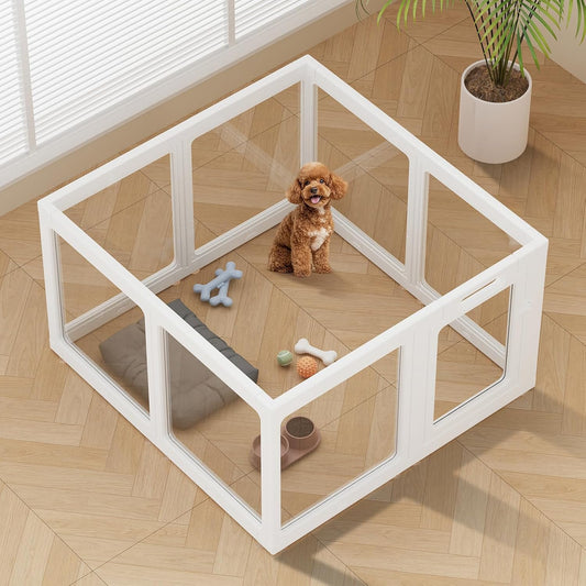 Clear Acrylic Dog Playpen Indoor, Puppy Cat Small Pet Play Pen, Pet Cat Foldable Playpen for Rabbits, Dog Fence Crate Kennel Whelping Cage (White, 8 Panel)