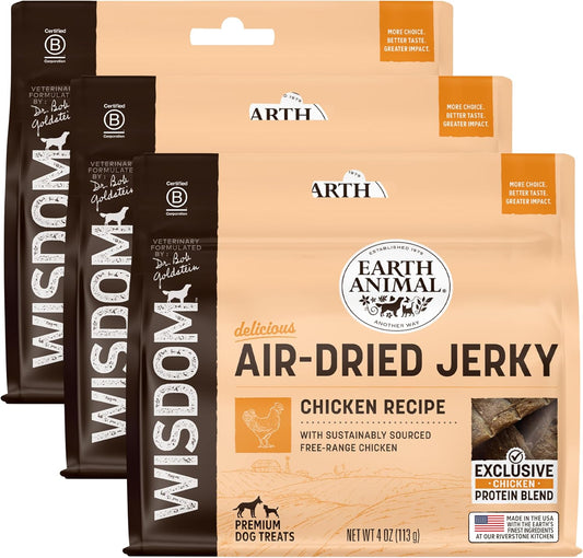 Earth Animal Wisdom Air-Dried Jerky Chicken Recipe | Dog Treats | Dog Snacks | Premium Natural Chicken Jerky Strips | 4 oz | Made in The USA (Pack of 3)