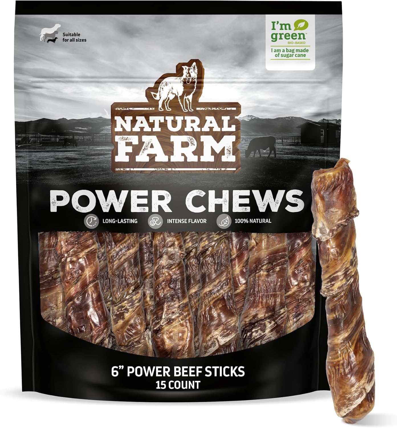 Natural Farm Power Beef Sticks Dog Chews (6”, 15-Pack), 2-in-1 Power Chews: Premium Bully Cheek Wrapped in Beef Esophagus for Double Chewing Time, Promotes Dental Health, Great for Medium Dogs