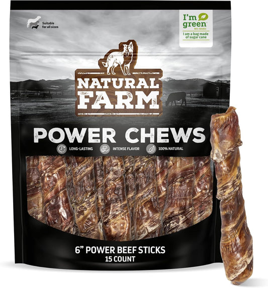 Natural Farm Power Beef Sticks Dog Chews (6”, 15-Pack), 2-in-1 Power Chews: Premium Bully Cheek Wrapped in Beef Esophagus for Double Chewing Time, Promotes Dental Health, Great for Medium Dogs