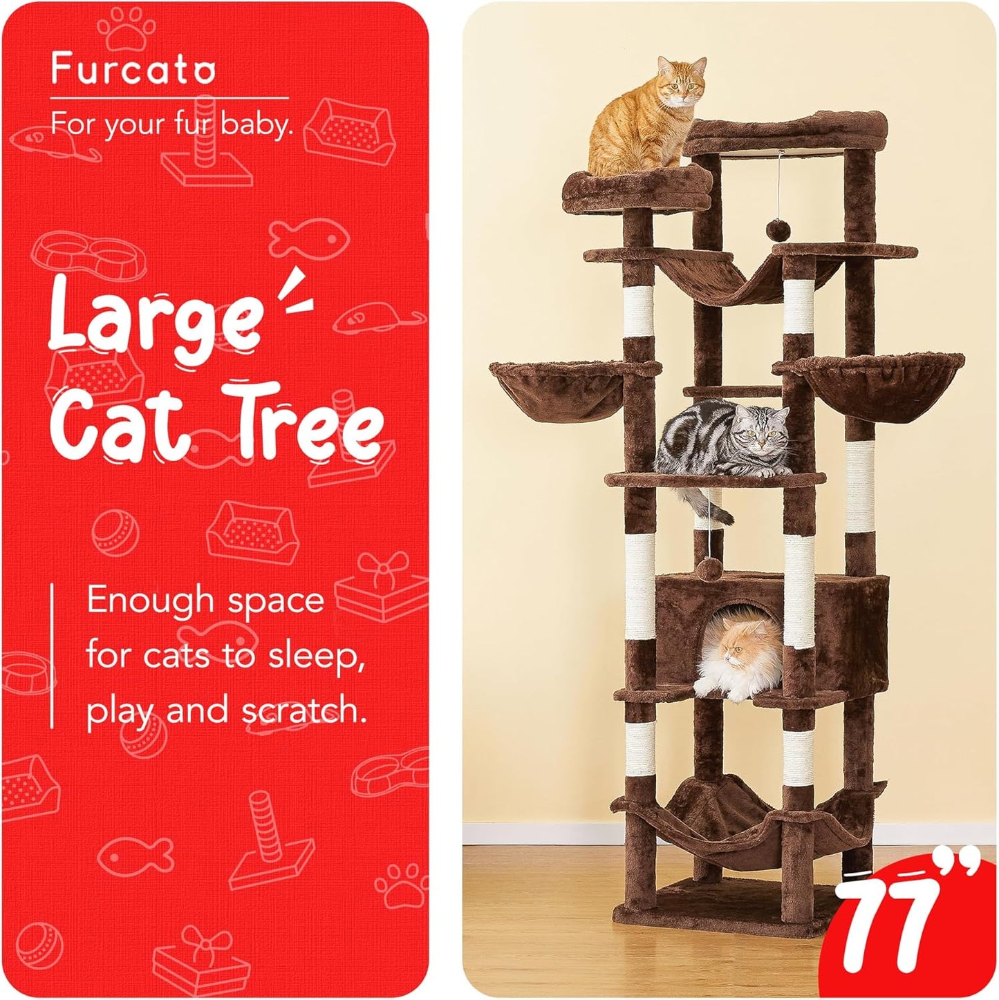 77-Inch Brown Cat Tree for Indoor Cats, Multi-Level Large Cat Tower with 4 Hammocks, 2 Padded Perches, Cat Condo, Sisal Scratching Posts and Hanging Toys for Adult Cat