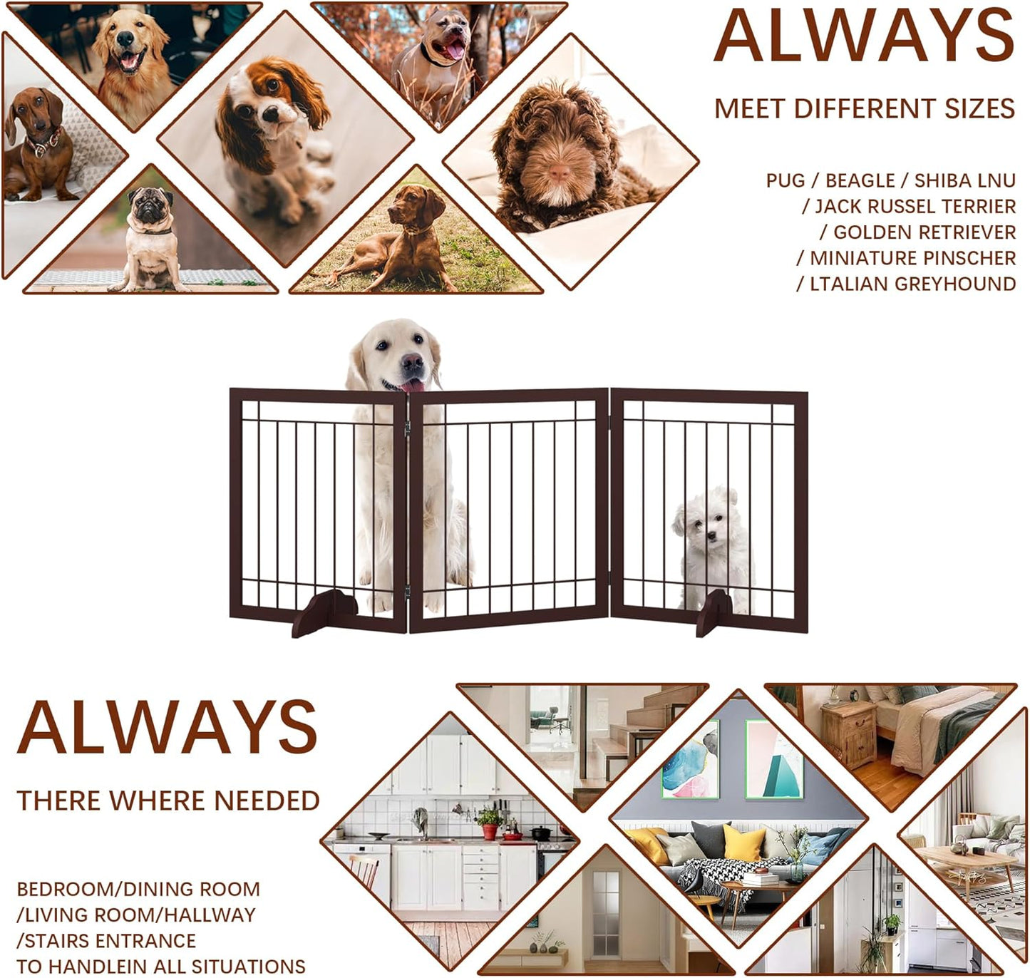 JSB 72-inch Extra Wide 28-inch Tall Dog gate, Freestanding Pet Gate for Halls, Stairs & Home, Pet Puppy Safety Dog Fence with 2PCS Support Feet (Espresso)