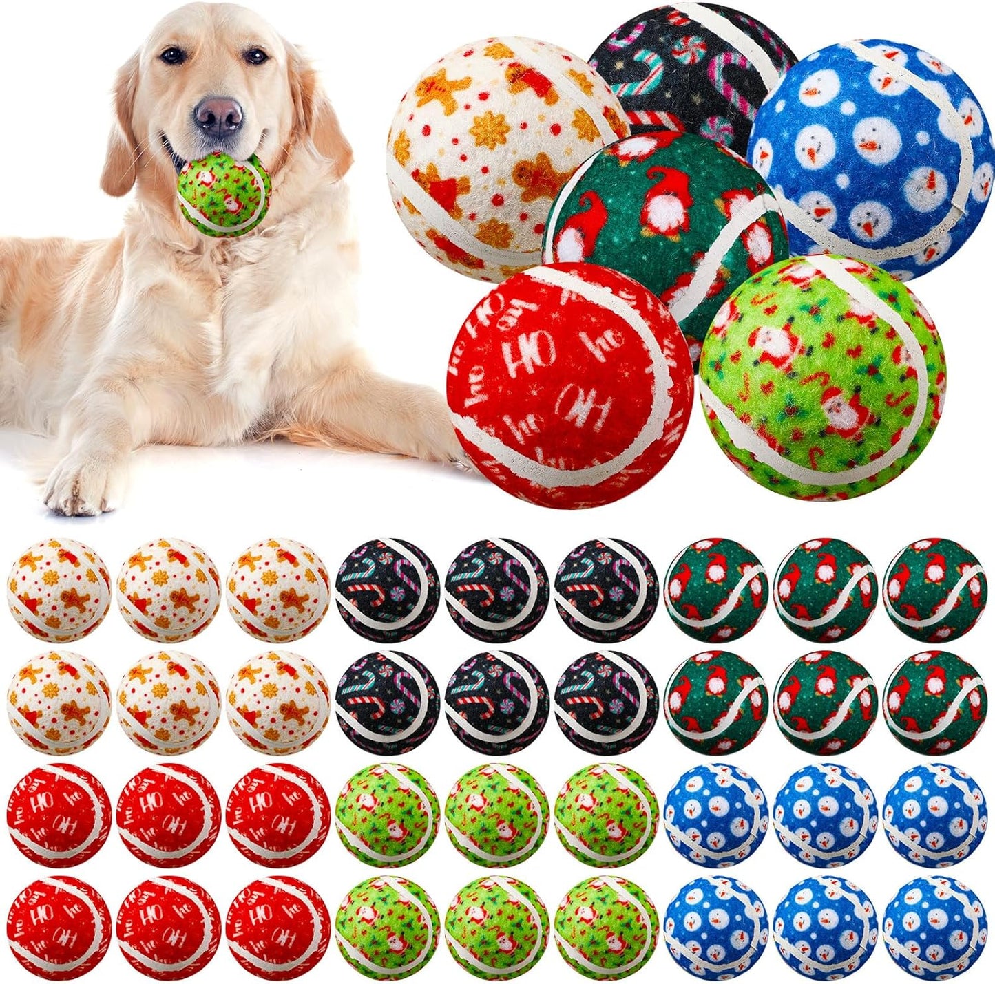 Civaner 36 Pcs Christmas Squeaky Tennis Balls for Dogs 2.5 Inch Bulk Dog Toys Ball for Small Medium Large Dogs Puppy Chew Teething Toy Interactive Training Xmas Gifts Stocking Stuffers (Candy)