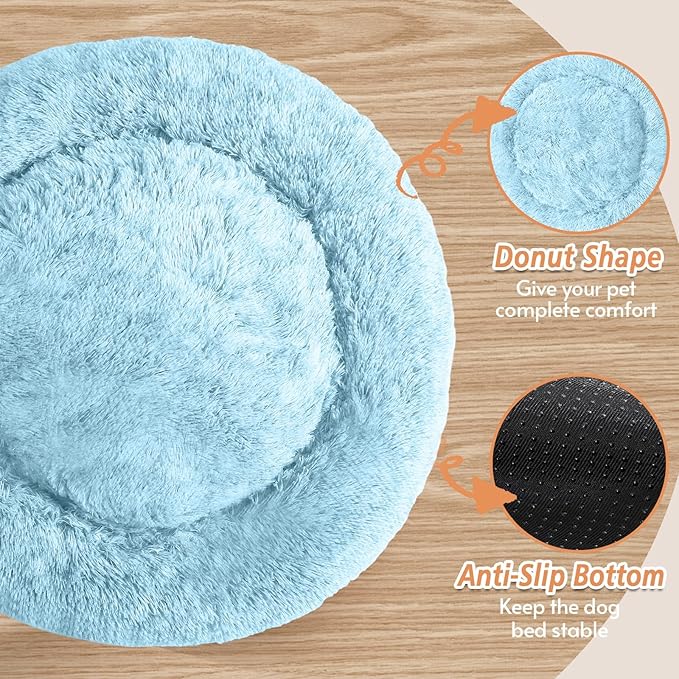 JOLLYVOGUE Calming Dog & Cat Bed for Small Dogs, Anti-Anxiety Donut Cuddler Cozy Soft Round Bed with Anti-Slip Bottom, Fluffy Faux Fur Plush Cushion Beds for Small Medium Pets (23")