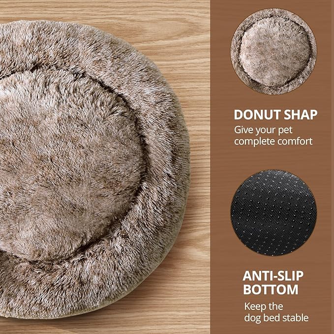 JOLLYVOGUE Calming Dog & Cat Bed for Small Dogs, Anti-Anxiety Donut Cuddler Cozy Soft Round Bed with Anti-Slip Bottom, Fluffy Faux Fur Plush Cushion Beds for Small Medium Dogs, 23"/Smoke Brown