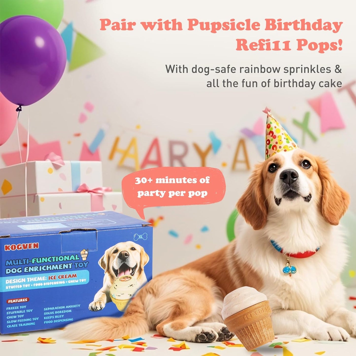 Interactive Dog Toys for Boredom-Multi-Functional Design-Birthday Gifts for Dogs-Frozen Treats-Medium/Large Dog Toys-Party Ice Cream