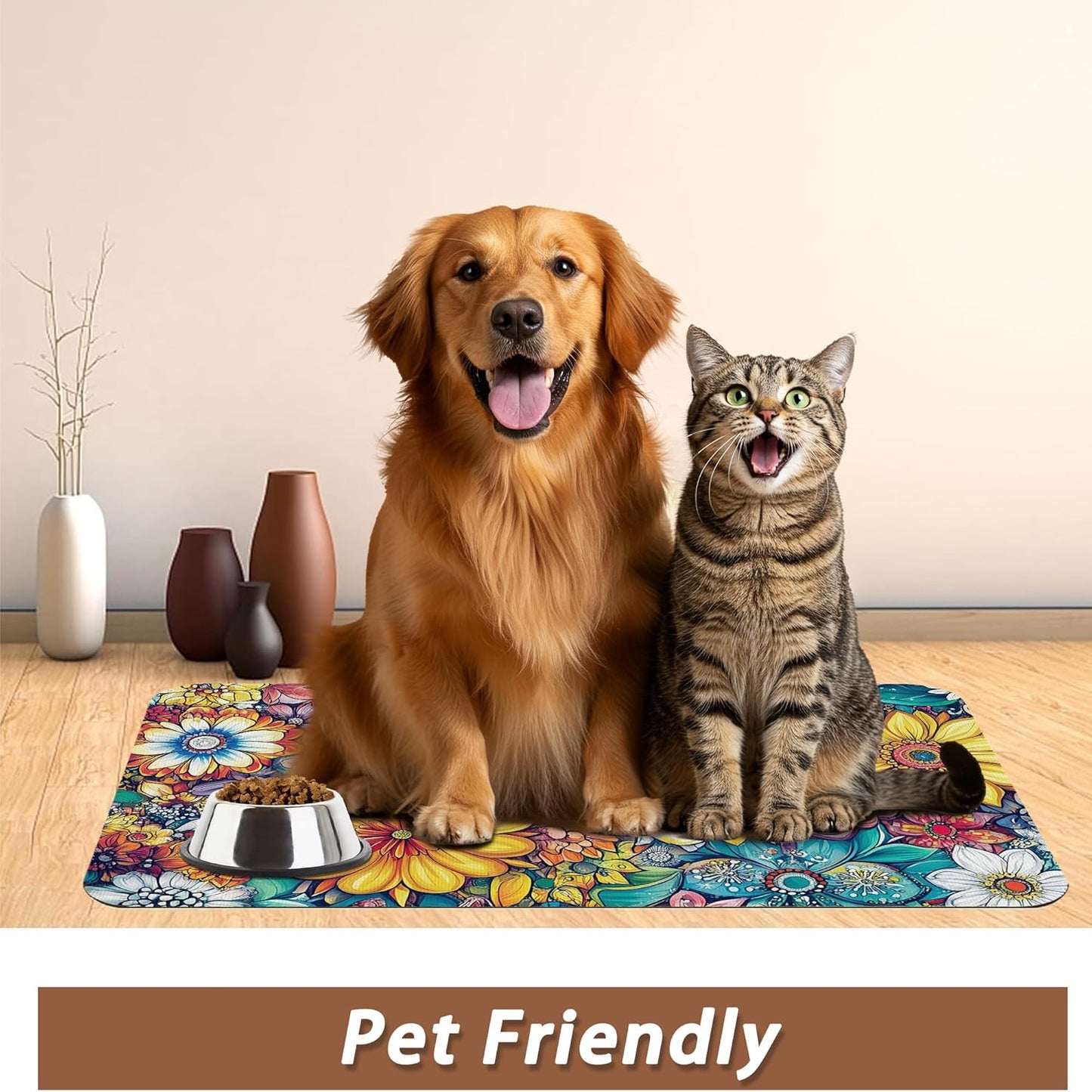 Floral Dog Food Mat for Floors,Cute Mandala Flower Absorbent Quick-Dry Pet Feeding Mat,Cat Dog Bowl Mats for Food and Water,Non-Slip Pet Accessories Supplies 12"x20"