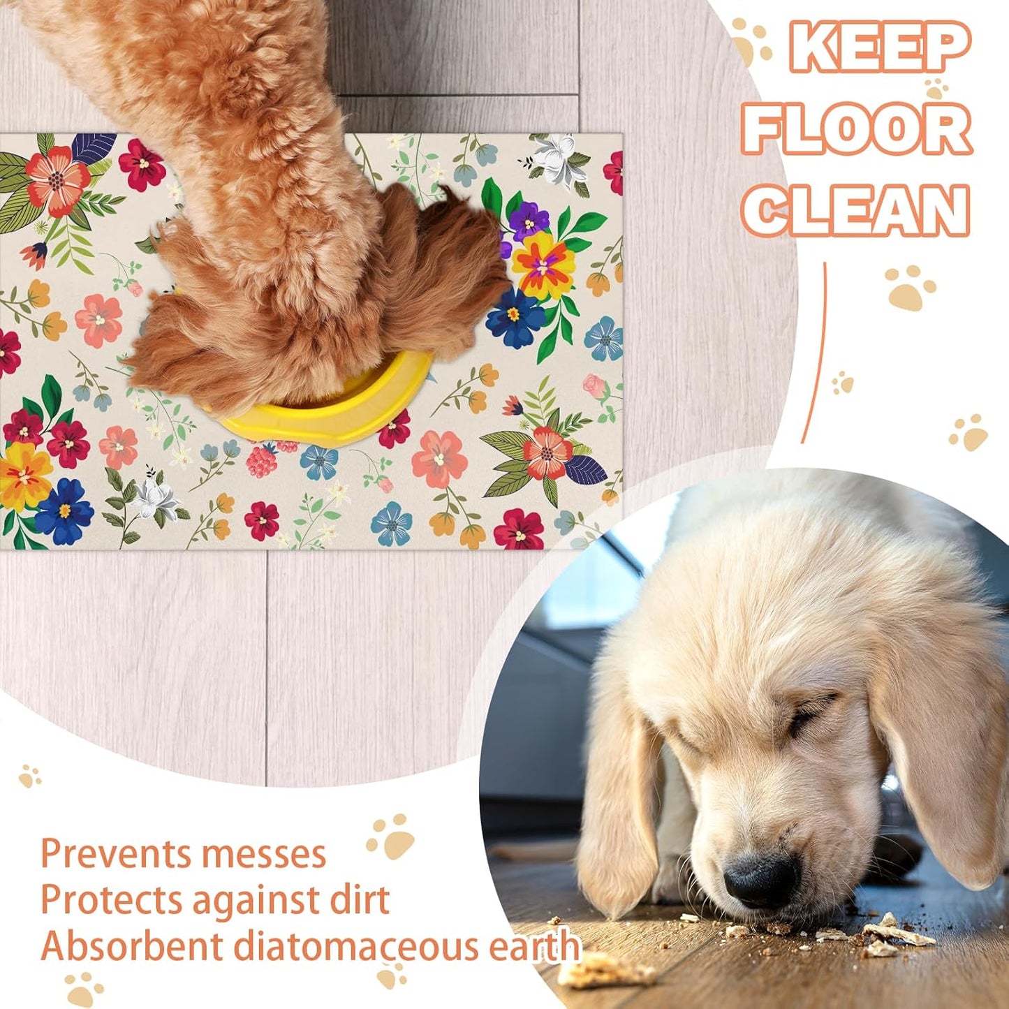 Pet Dog Cat Food Mat, Flower Leaf Pet Feeding Pad, 12 * 20 Inch Absorbent Dog Food Mat, Cat Dish Mat for Food and Water, Suitable for Dog Cat or Other Pets