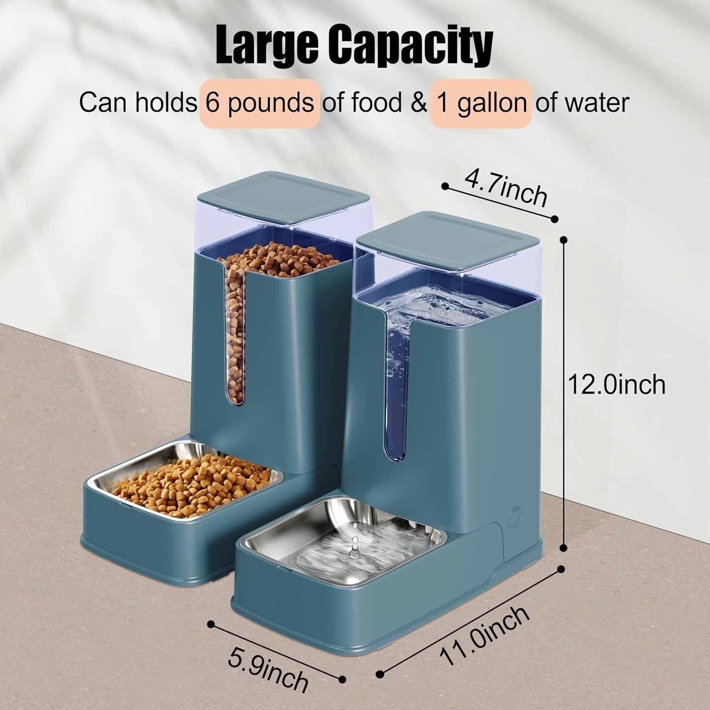 Automatic Cat Feeder and Cat Water Dispenser Set with Stainless Steel Bowls Gravity Dog Feeder for Small Medium Big Dog Pets Puppy Kitten, 3.8L x 2 (Cyan)