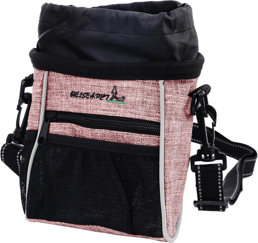 Dog Treat Pouches Training Walking Bag with Shoulder Strap, Large Space for Pets Food, Polyester Fabric, 3-Way Wearing Design, Portable Pet Bagand Easy to Clean (Pink)