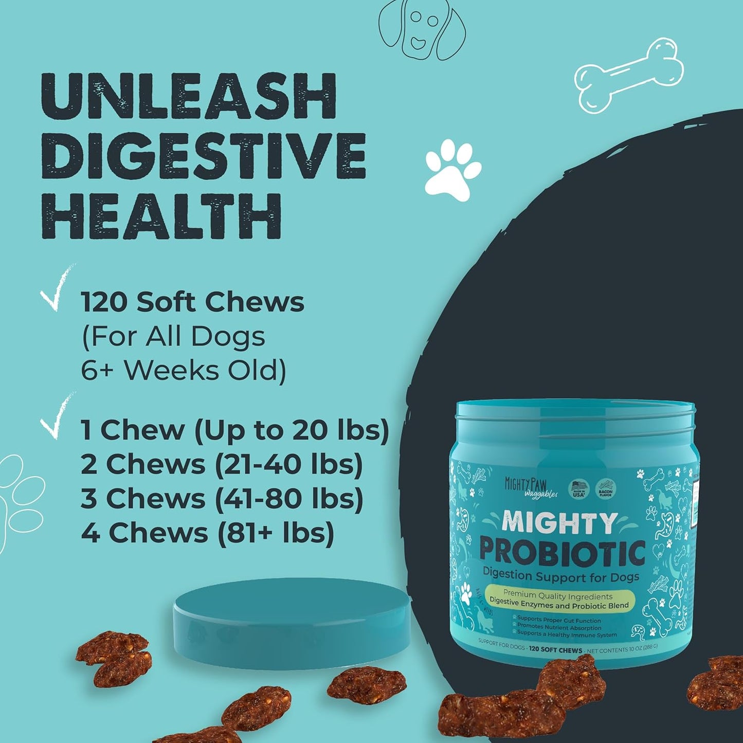 Mighty Paw Waggables Probiotic Chews for Dogs (Made in USA) | Dog Probiotics & Digestive Enzymes. Bacon Flavor Probiotic for Dogs Digestive Health. Prebiotics, Probiotics for Dog Gut Health (120 Ct)