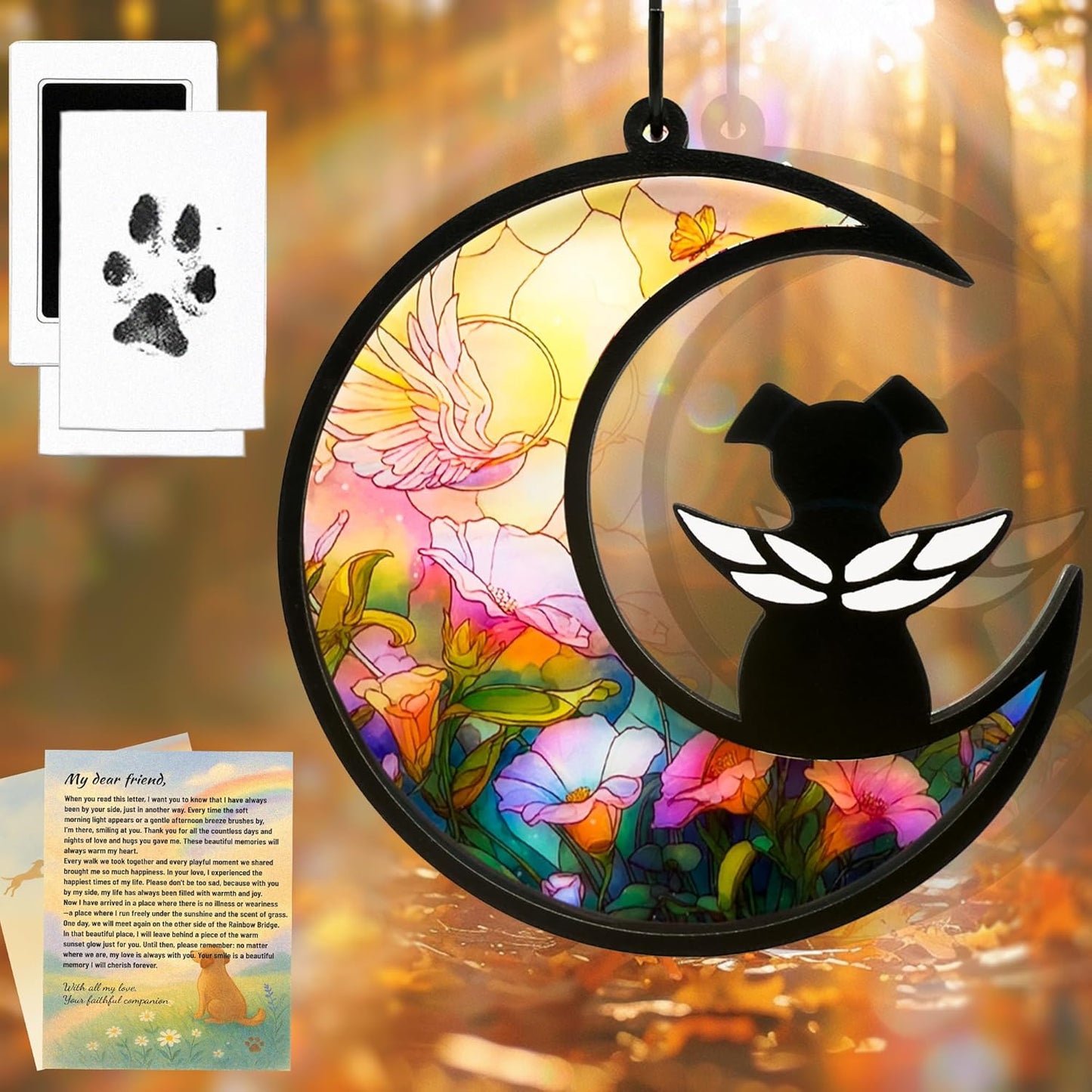 Dog Memorial Gift for Loss of Dog – DIY Angel Memorial Suncatcher & Paw Print Kit for Dogs with Sympathy Card | Pet Memorial Keepsake(Angel Garden)