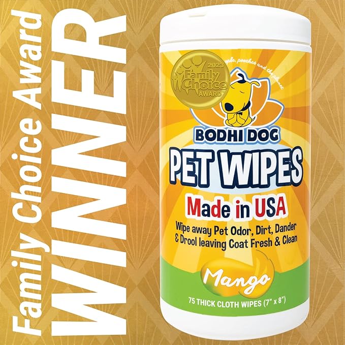 Bodhi Dog Pet Wipes - Grooming, Cleaning and Deodorizing Wipes for Dogs & Cats - No Parabens or SLS - Large, Thick, Wet Wipes - Wipe Away Pet Odors & Refreshes Coat - Mango Scent (75 Count)