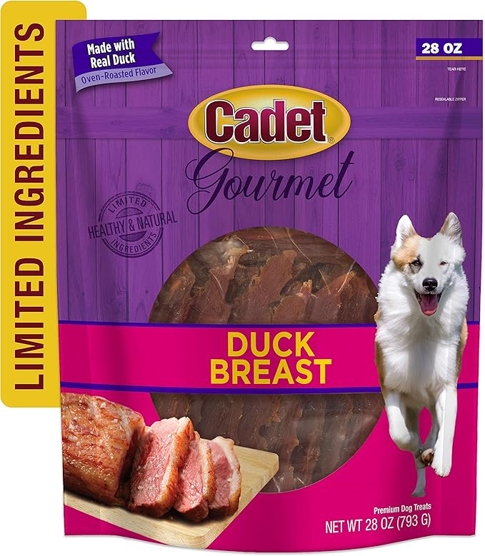 Cadet Gourmet Duck Breast Jerky Dog Treats, Healthy, Long-Lasting High-Protein Training Treats for Small & Large Dogs, 28 oz.