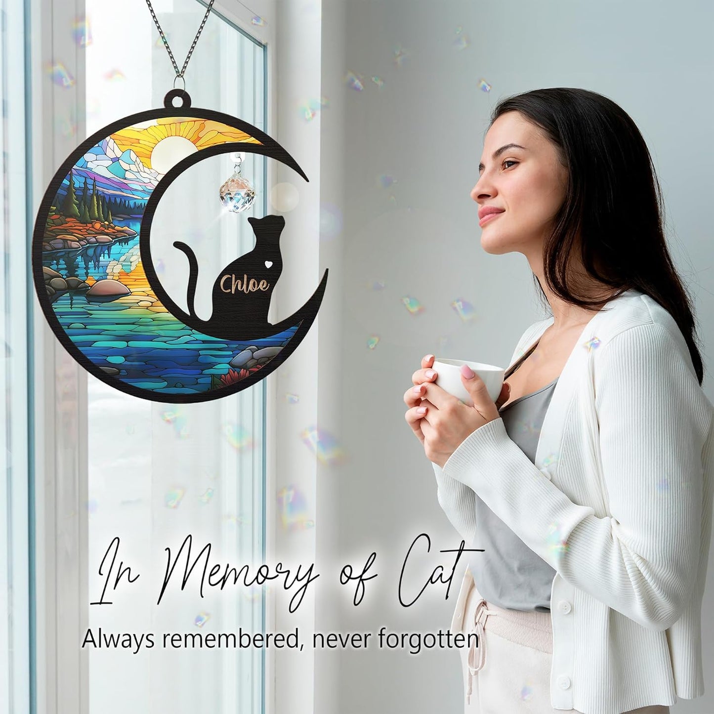 Cat Memorial Suncatcher, Loss of Cat Sympathy Gift, Pet Memorial Gifts for Feline Friend, Stained Glass Window Hanging, Pet Crystal Suncatcher Passed Away Keepsake, Remembrance Gifts for Kitty