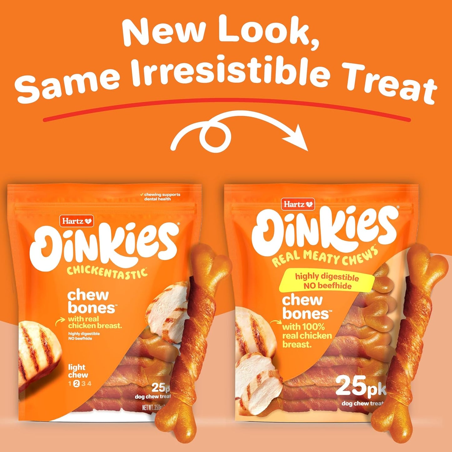 Hartz Oinkies Chew Bones with Real Chicken Breast, Rawhide Free Dog Treats, Highly Digestible Dog Chews, 25 Count