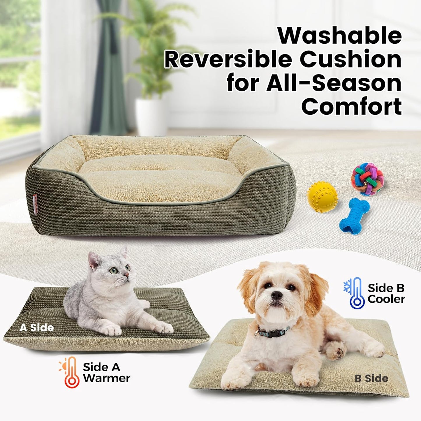 Miguel Dog Bed with Removable Cushion/Pillow for Small Dogs, Washable Pet Bed with Side Easy to Wash Puppy Bed, Rectangle Cat Beds for Indoor Cats with Anti-Slip Bottom, Khaki 20 Inch