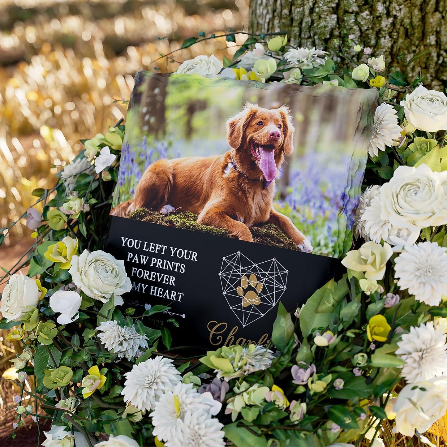 Bemaystar Personalised Dog Memorial Plaque - Customized Rock Slate Stone Picture Frame Plaque with Photo, Pet Memorial Sign with Stand Natural Slate Grave Plaque Pets Bereavement Gifts Loss of Pet