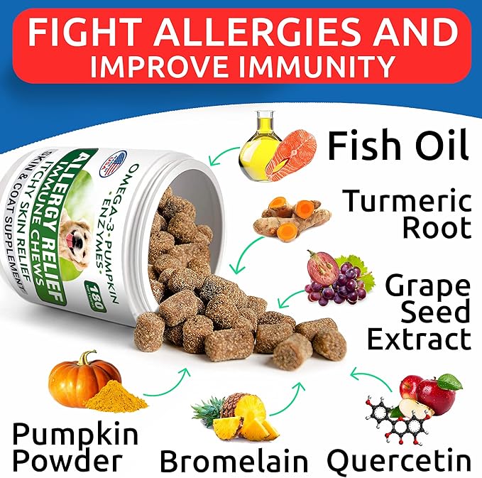 Allergy Relief Dog Treats - Itchy Skin Relief - Omega 3 + Pumpkin + Enzymes - Seasonal Allergies - Anti-Itch & Hot Spots - Immune Supplement - 300 Chews - Peanut Butter + Chicken Flavor - Made in USA