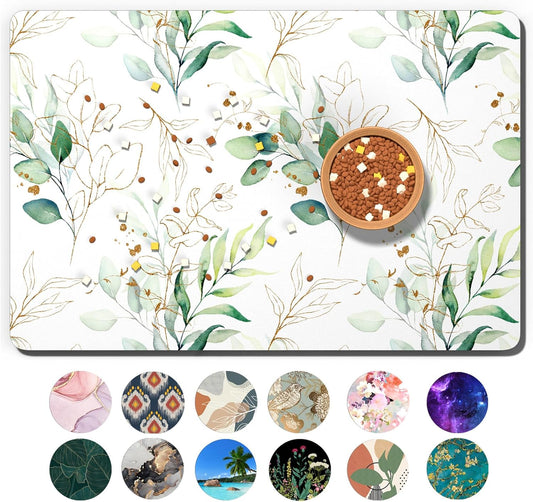 Dog Food Mat, 16" x 24" Minimalism Absorbent Dog Cat Bowl Mat for Food and Water, Cute Anti-Slip Rubber Pet Feeding Rug Protect Floors, Placemat for Feeding & Watering Supplies, Leaf