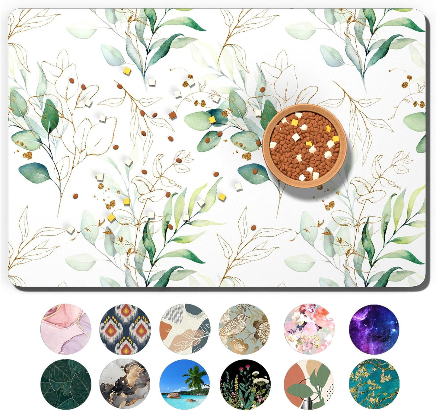 Dog Food Mat, 12" x 19" Minimalism Absorbent Dog Cat Bowl Mat for Food and Water, Cute Anti-Slip Rubber Pet Feeding Rug Protect Floors, Placemat for Feeding & Watering Supplies, Leaf