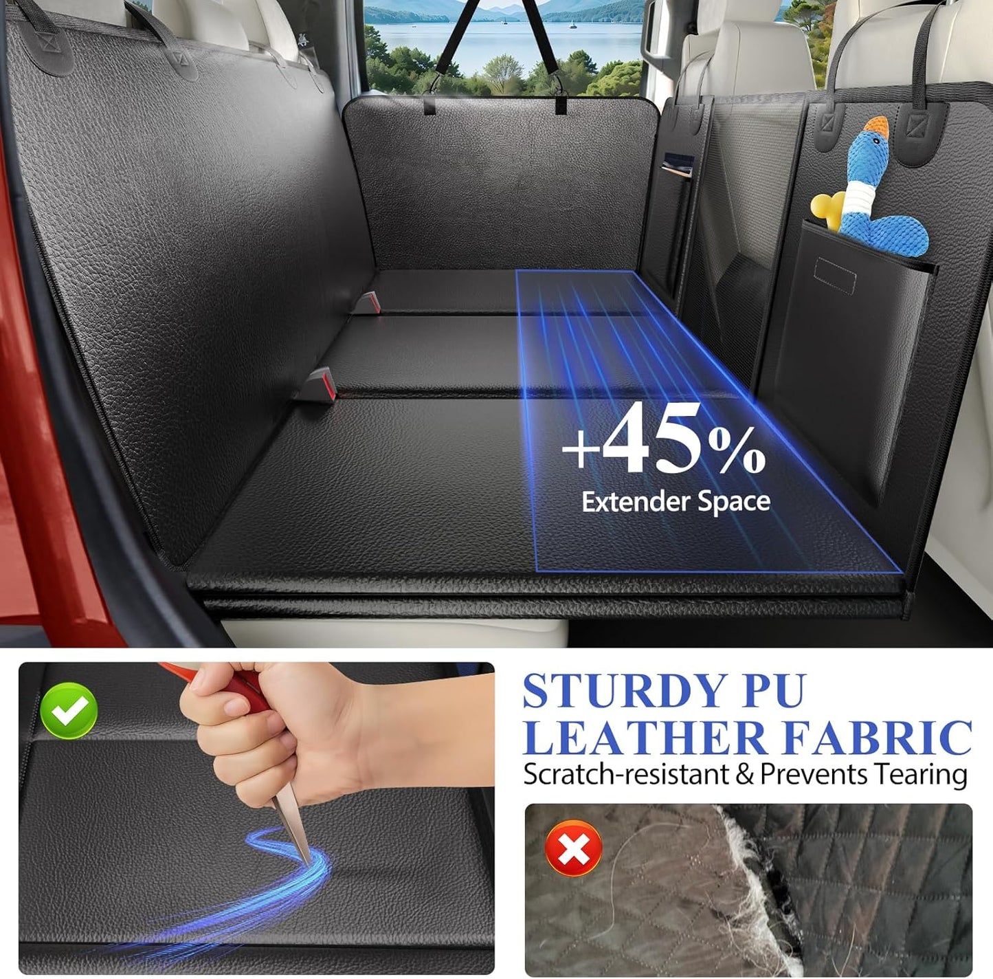 Back Seat Extender for Dogs Truck-Upgraded PU Leather-Dog Pet Seat Cover Back Seat Hard Bottom 500lbs, Anti-Scratch Dog Hammock for Crew Cab Trucks F150, RAM1500, Sierra, Tundra, Silverado