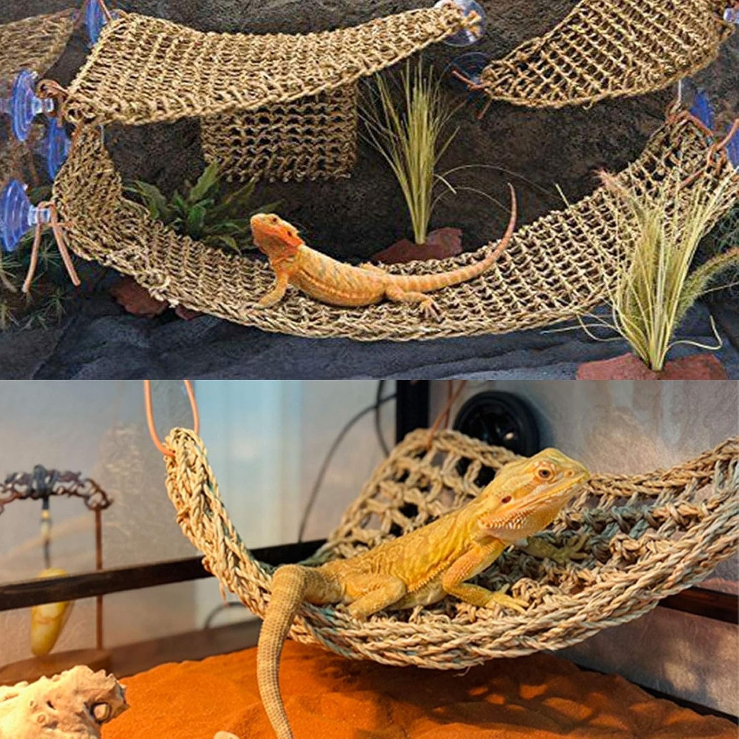 PINVNBY Bearded Dragon Hammock,Reptile Lounger Natural Seagrass Lizard Hammocks Habitat Tank Accessories Jungle Climber Vines Flexible Leaves Decor for Climbing Reptiles Chameleon Gecko Snakes