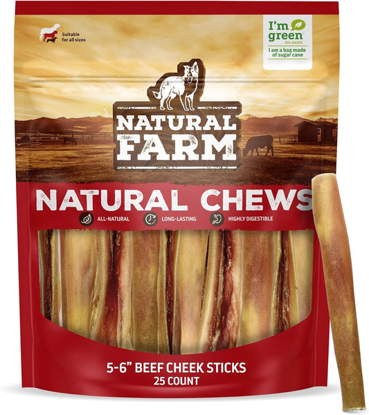 Natural Farm Bully Cheek Stick, 5-6-Inch (25-Pack)- Best Bully Stick Alternative, 100% Natural Beef Cheeks for Dogs- High Protein, Cleans Teeth Treats, Long Lasting Beef Chews for All Dog Sizes