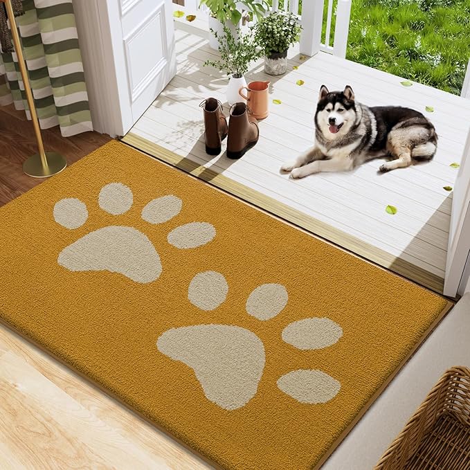 Buganda Dog Door Mat for Muddy Paws, Absorbent Dirt Trapper Washable Indoor Doormats, Non Slip Low-Profile Mud Mat for Dogs, Front Entrance Doormat for Inside Floor (48x30 Inches, Yellow)