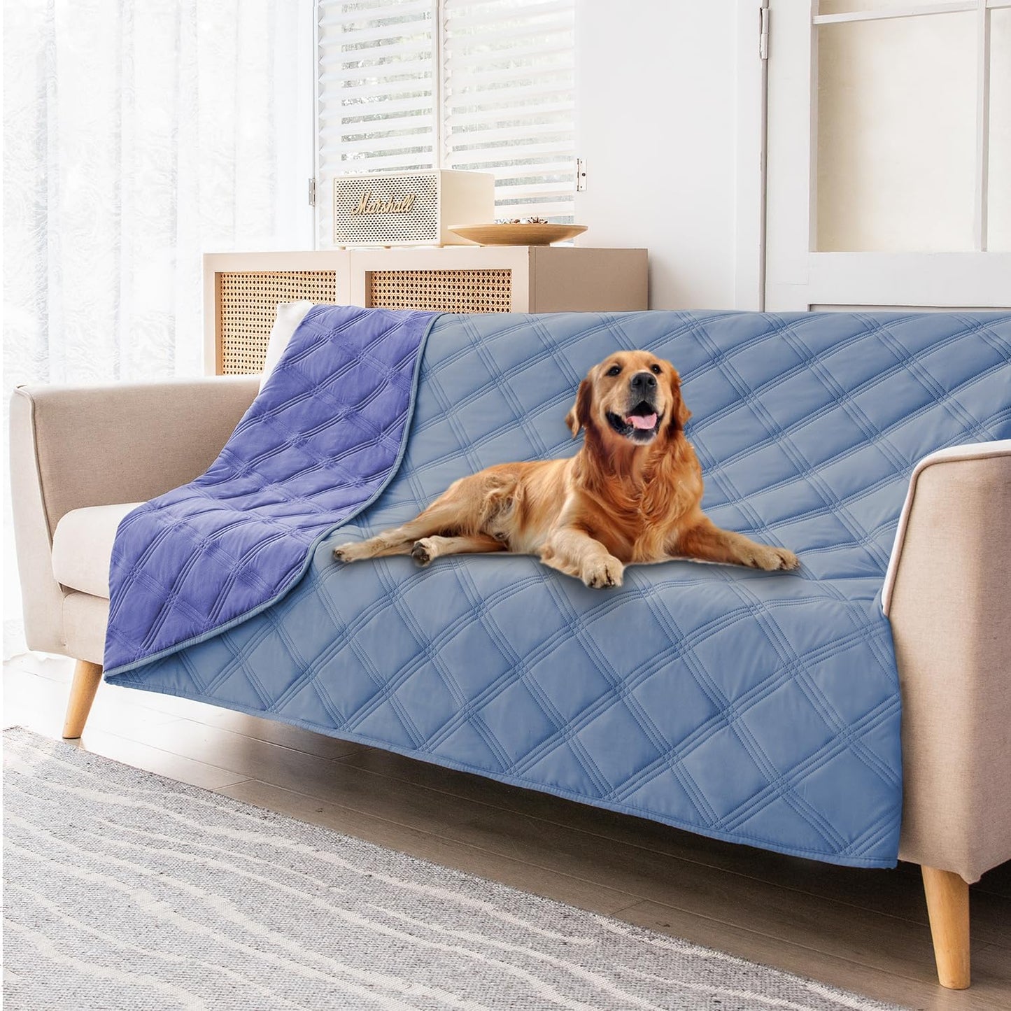 fuguitex Waterproof Dog Blanket Reversible for Small Dogs Resistant Leakproof Washable Couch Cushion Bed Protector Cover for Indoor Furniture Pet Friendly(68"*82",Violet Blue+ Light Blue)