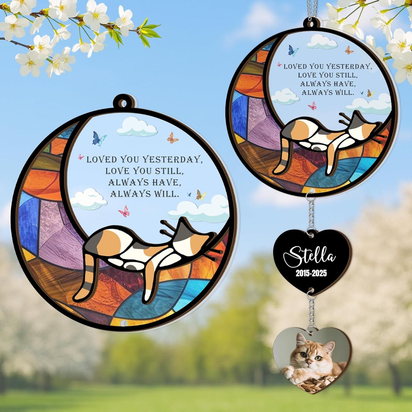 Personalized Stained Glass Sleeping Cat Suncatcher |Cat Loss Sympathy Gift | Customized Pet Memorial Suncatcher with Charms | Custom Pet Memorial Gifts| Best Gifts for Your Beloved Cats Passed Away