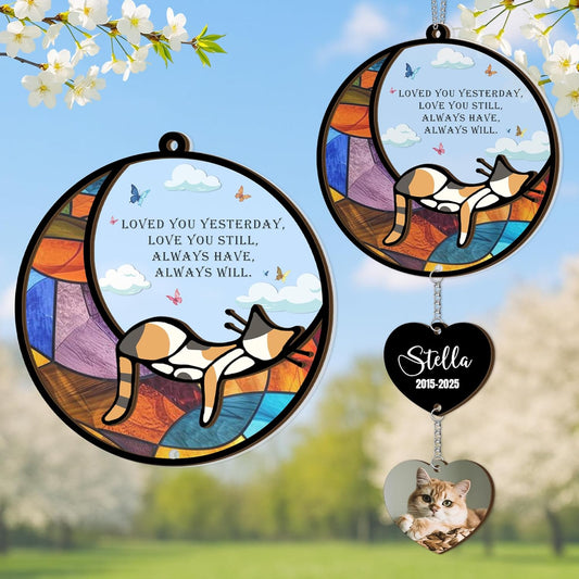 Personalized Stained Glass Sleeping Cat Suncatcher |Cat Loss Sympathy Gift | Customized Pet Memorial Suncatcher with Charms | Custom Pet Memorial Gifts| Best Gifts for Your Beloved Cats Passed Away