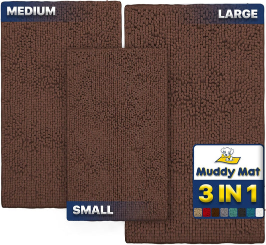 Muddy Mat® Pack of 3 Highly Absorbent Microfiber Dog Door Mat and Pet Rug, Non Slip Thick Washable Area Mat Soft Chenille for Kitchen Bathroom Bedroom and Outdoor - Brown Small, Medium & Large