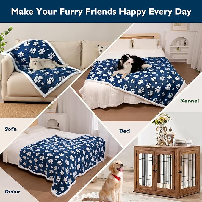 Waterproof Blanket for Dog Cat or Adult, Cute 3D Textured Paw Dog Blanket for Bed Couch Sofa, Soft Liquid Pee Proof Pet Furniture Protector, 50"x60", Navy Blue