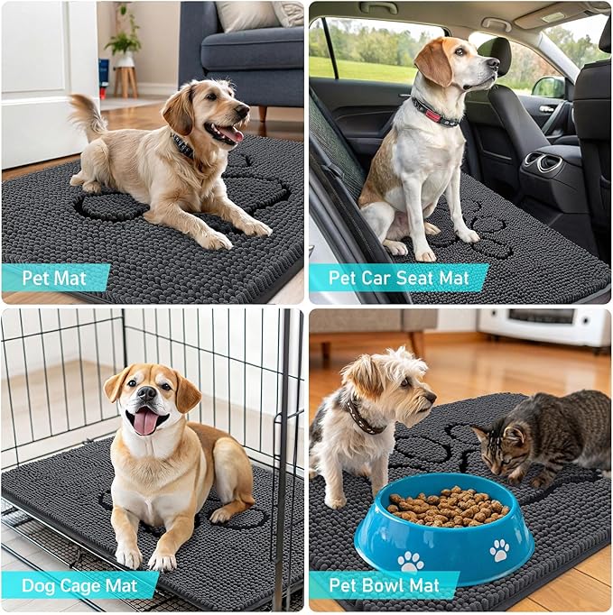 OLANLY Door Mat for Muddy Dog Paws 48x30, Absorbent Chenille Doormat with Paw Print Design, Non-Slip Washable Doormat for Indoor Entryway, Quick-Dry Pet Bed Mats for Dirty Dogs, Dark Grey and Black